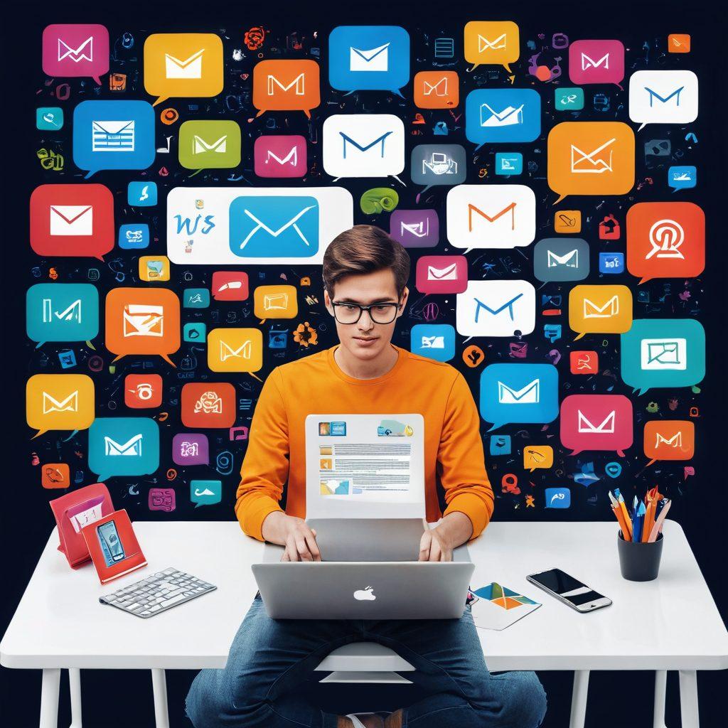 A modern digital workspace showcasing a person typing on a laptop, surrounded by colorful icons representing secure webmail solutions, blogging tools, and article writing elements. The background features a vibrant, cloud-like illustration symbolizing swift online communication. The scene conveys a sense of mastery and creativity in digital writing. super-realistic. vibrant colors. white background.