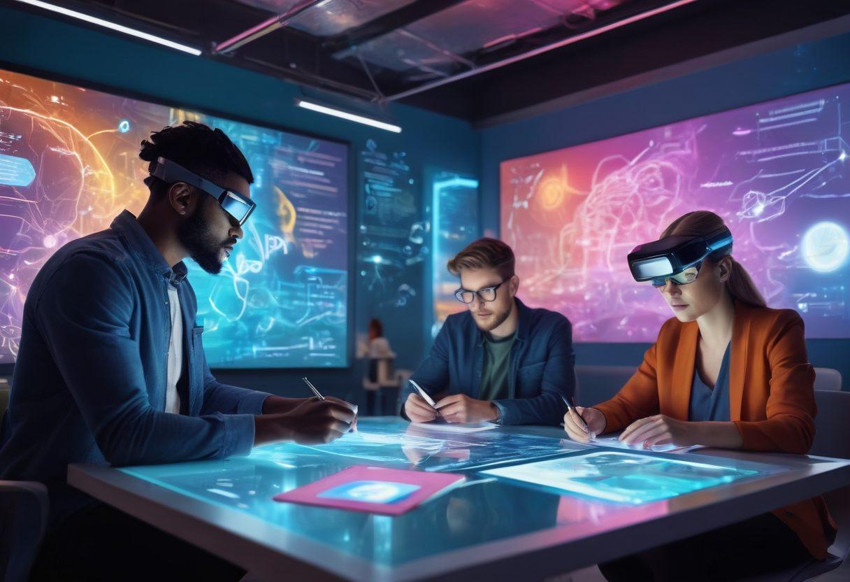 A futuristic workspace showcasing a diverse group of writers collaborating using innovative digital tools like tablets and holographic displays. The atmosphere is vibrant and creative, with brainstorming sketches and colorful graphics floating around them. Include elements of modern technology, such as virtual reality headsets and interactive screens, to illustrate online communication. The setting is bright and dynamic, emphasizing teamwork in article writing. super-realistic. vibrant colors. modern aesthetics.