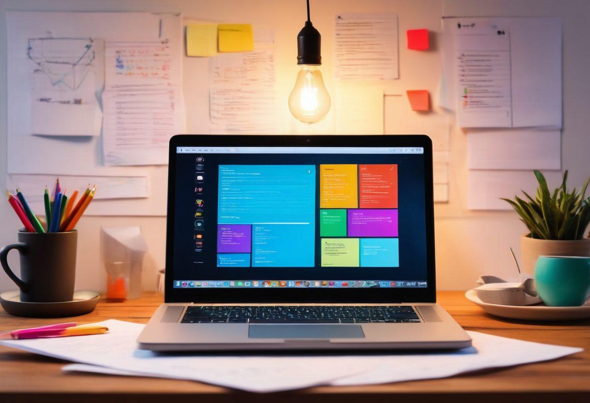 A creative workspace featuring a laptop displaying a colorful webmail interface, surrounded by notes, coffee, and a light bulb symbolizing ideas. Include a person joyfully interacting with the laptop, with vibrant graphs and content on the screen. The background should reflect a cozy, motivating atmosphere with a splash of creativity. super-realistic. vibrant colors. cozy ambiance.